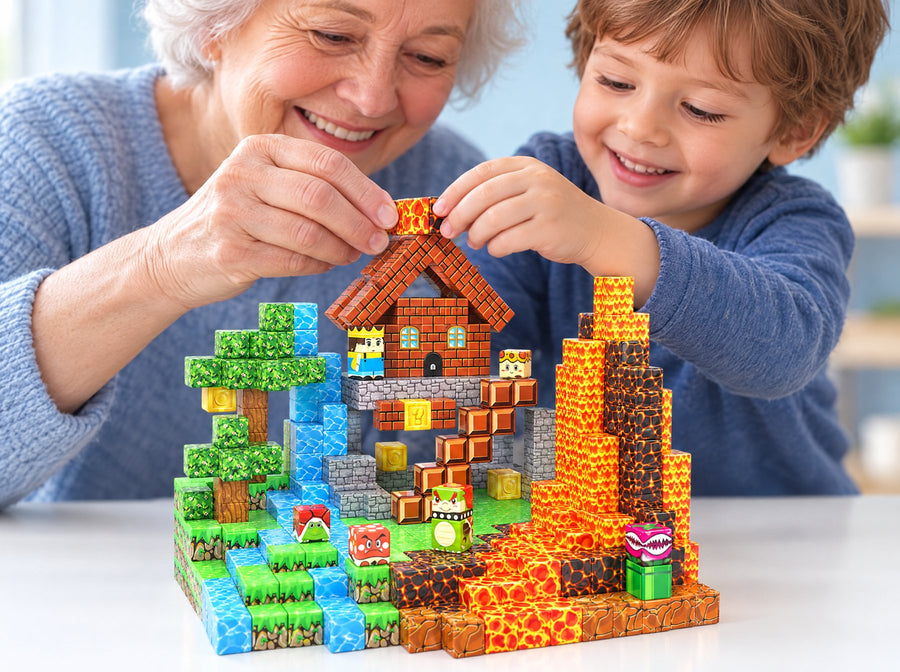 A grandmother and her young grandson placing the last cube on their finished kingdom