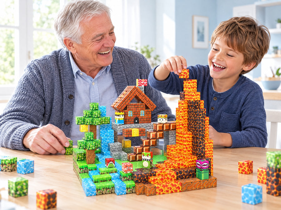 A grandfather and his young grandson laughing as they build a lava tower