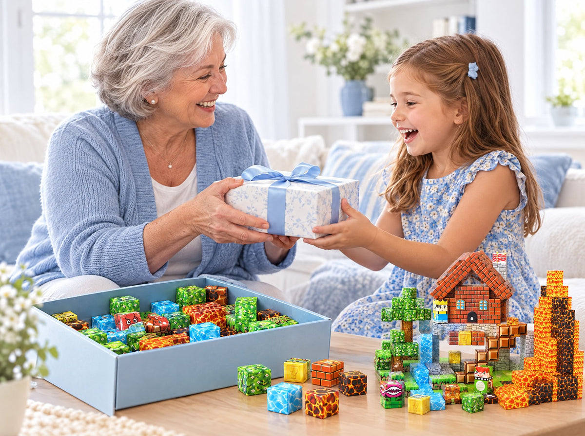 A grandmother giving a wrapped gift to her smiling young granddaughter beside a magnetic cube build