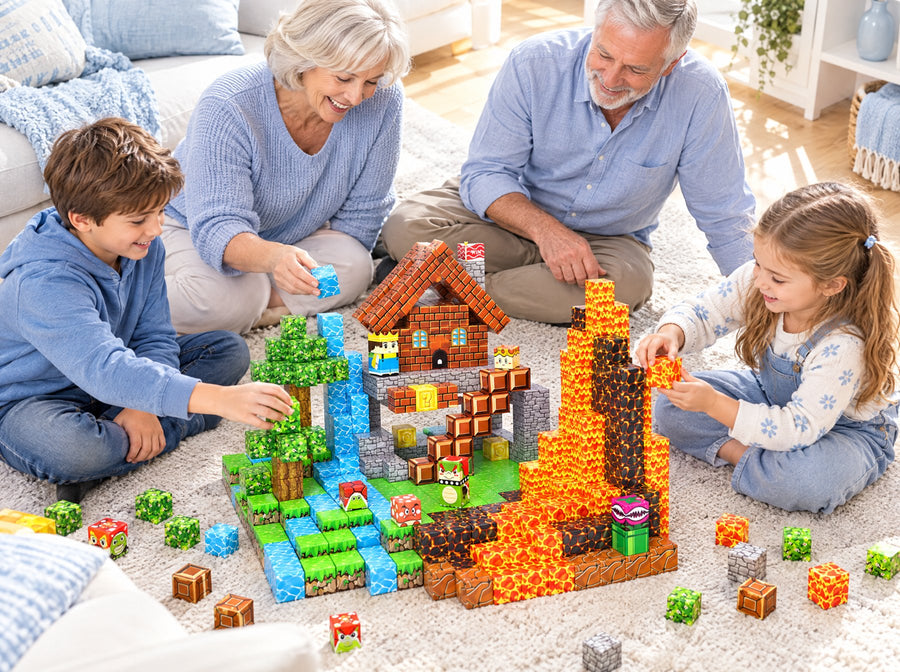 Grandparents and two young grandchildren building a cube kingdom together on the living room rug